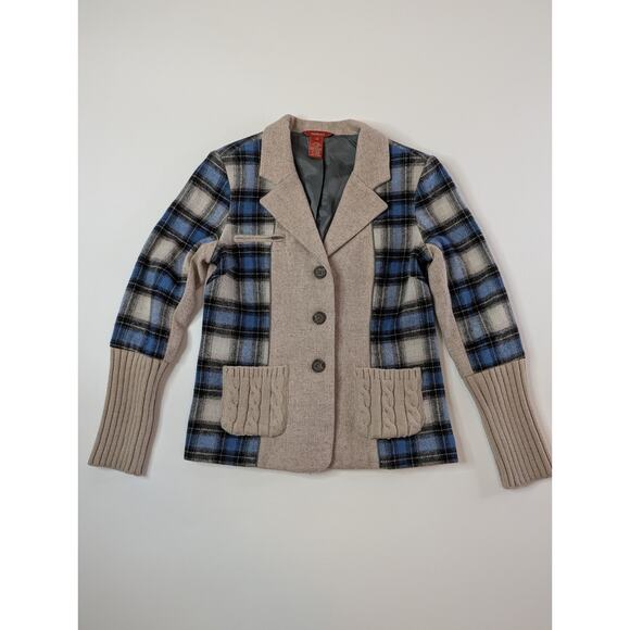 Sundance Sweater Blazer Womens 4 Mixed Media Blue Plaid Cable Knit Pockets - Picture 2 of 10